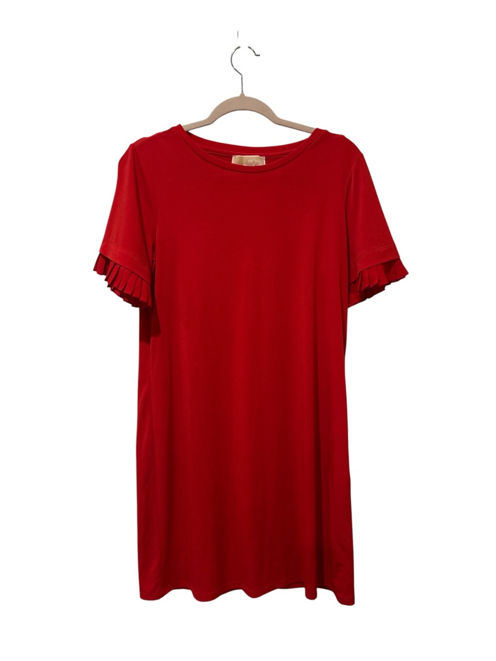 Michael Kors Red Short Sleeve Shift Dress with Pleated Flutter Sleeve Detail